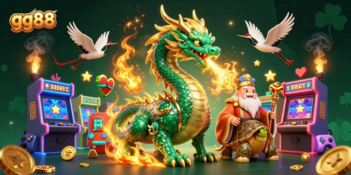 Engage with gg88's thrilling gaming experience featuring an emerald jade dragon and colorful game elements.