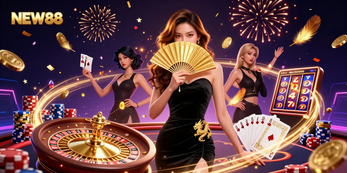 Experience the thrill of NEW88 with a captivating casino scene featuring a stunning woman and dazzling gaming elements.