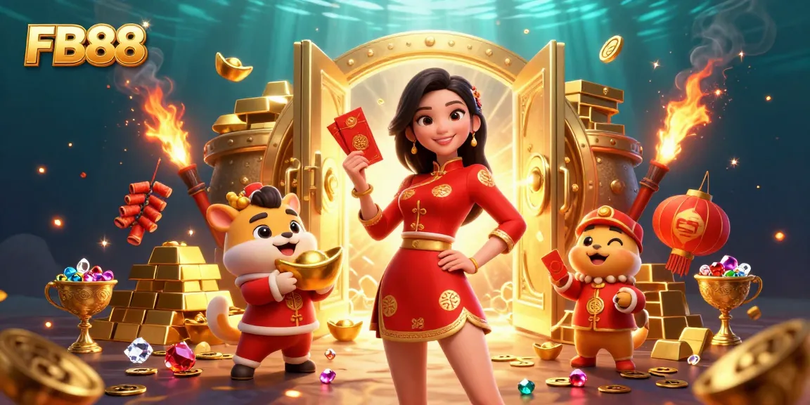 Join the excitement at FB88 with vibrant visuals of a 3D woman celebrating Lunar New Year amidst gold treasures.