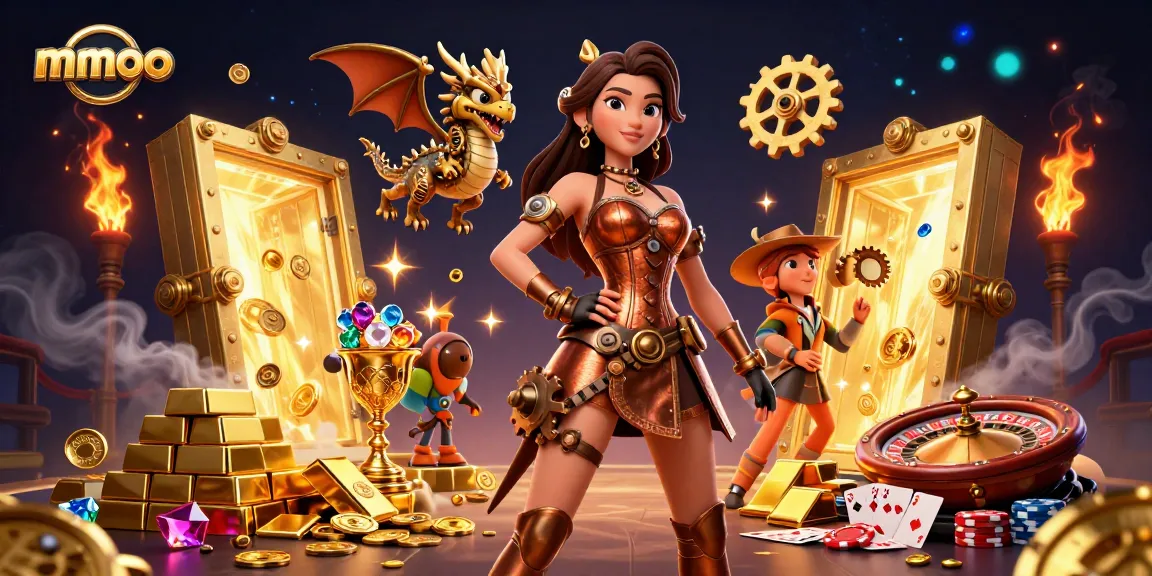 Experience thrilling gameplay in mmoo with a stunning woman and dragon amidst golden casino riches.