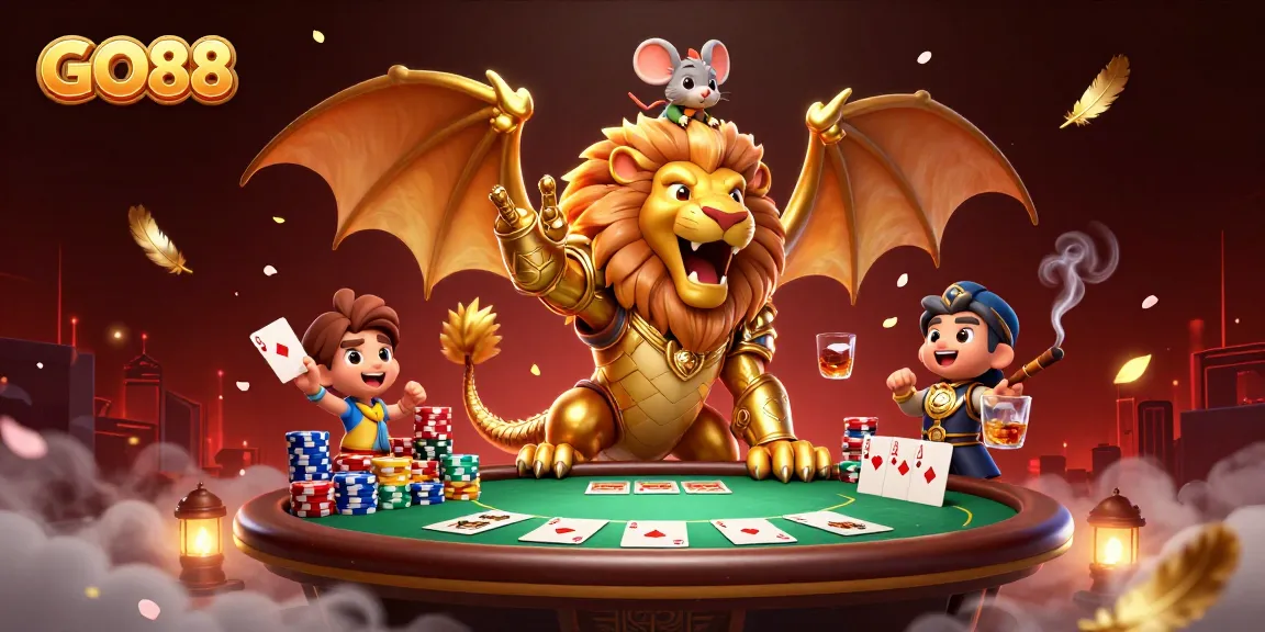 Experience the thrill of winning big at GO88 with a vibrant 3D casino scene featuring poker and powerful mythical characters.