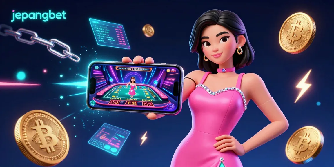 Engage with the interactive jepangbet live dealer casino game, featuring an elegant Asian woman showcasing digital currency elements.