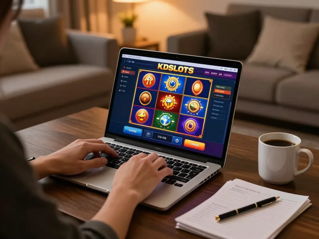 Engaging with KDSLOTS on a laptop, highlighting strategic online gaming atmosphere.