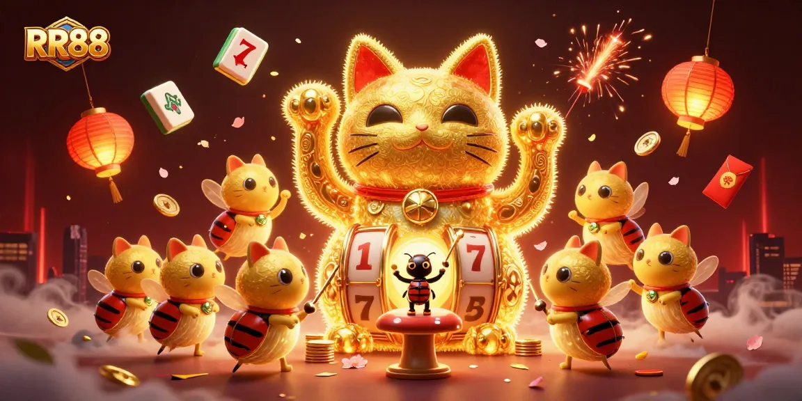Experience RR88's thrilling world of gambling with a vibrant lucky cat and dynamic casino elements.