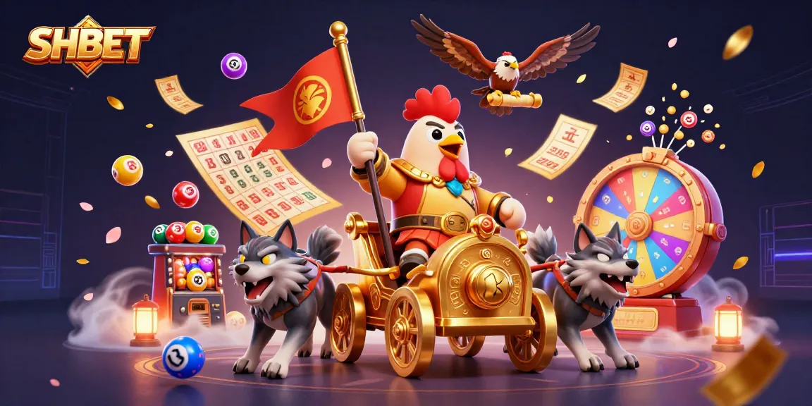 Experience the excitement of SHBET with a dynamic 3D casino illustration featuring a rooster warlord and vibrant game elements.