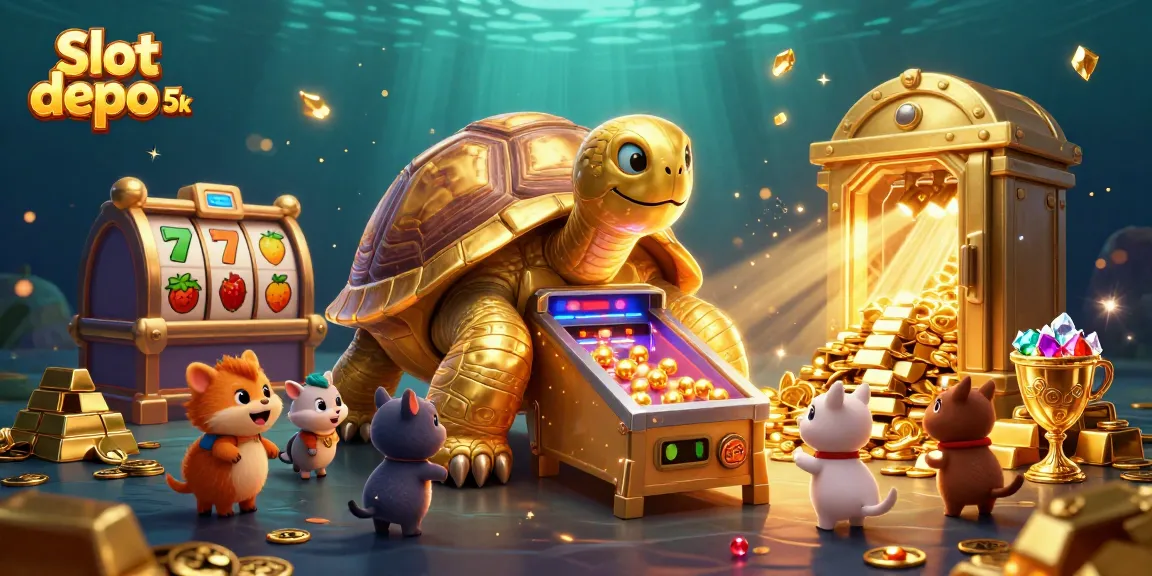 Experience Slot depo 5k as a whimsical 3D tortoise pinball game scene filled with sparkling treasures.