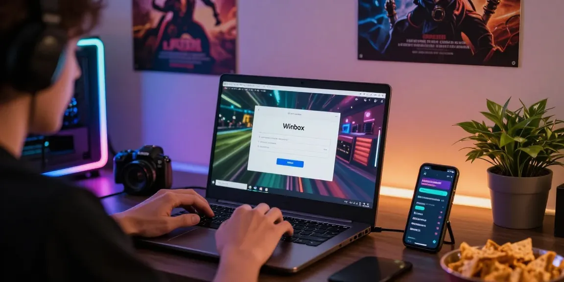 Engaging scene of a player logging into Winbox online gaming platform, surrounded by vibrant gaming elements.