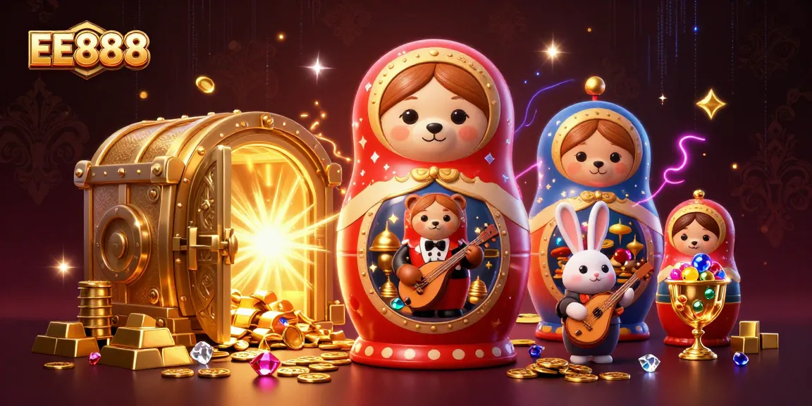 Spin to win with EE888 in this vibrant 3D casino scene featuring enchanting characters and shimmering treasures.