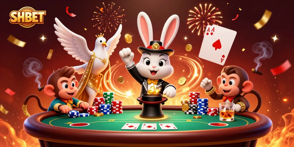 Engage in exciting moments with SHBET as a magician rabbit dazzles with golden coins, a dove, and poker chips.