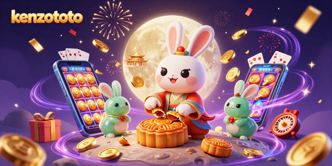 Kenzototo showcases an enchanting 3D casino scene with a moon rabbit and poker chips amidst dynamic slot games and festive confetti.