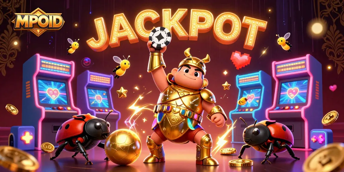 Experience the adventure with MPOID as the golden poker chip is triumphantly raised in a vibrant casino setting