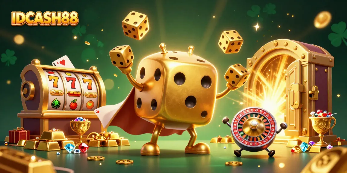 Engage with IDCASH88 as a golden dice golem character juggles luck-filled game symbols in this vibrant casino illustration.