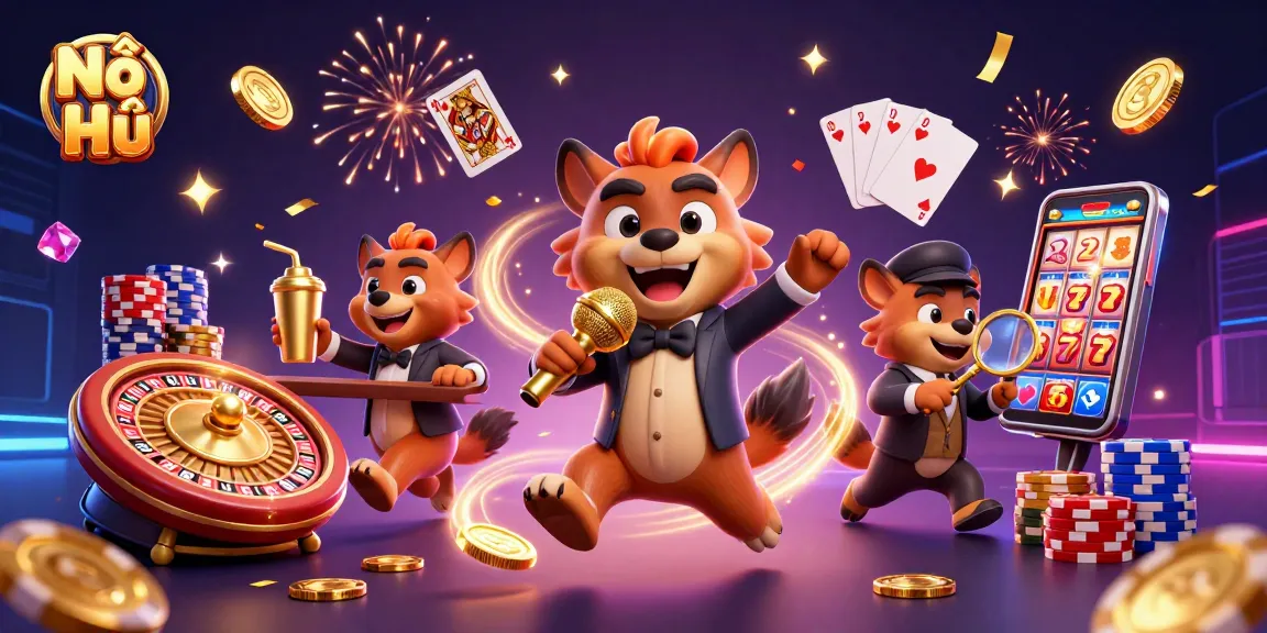 Nổ Hũ players enjoying a vibrant casino scene with colorful elements, dynamic animations, and lively characters.