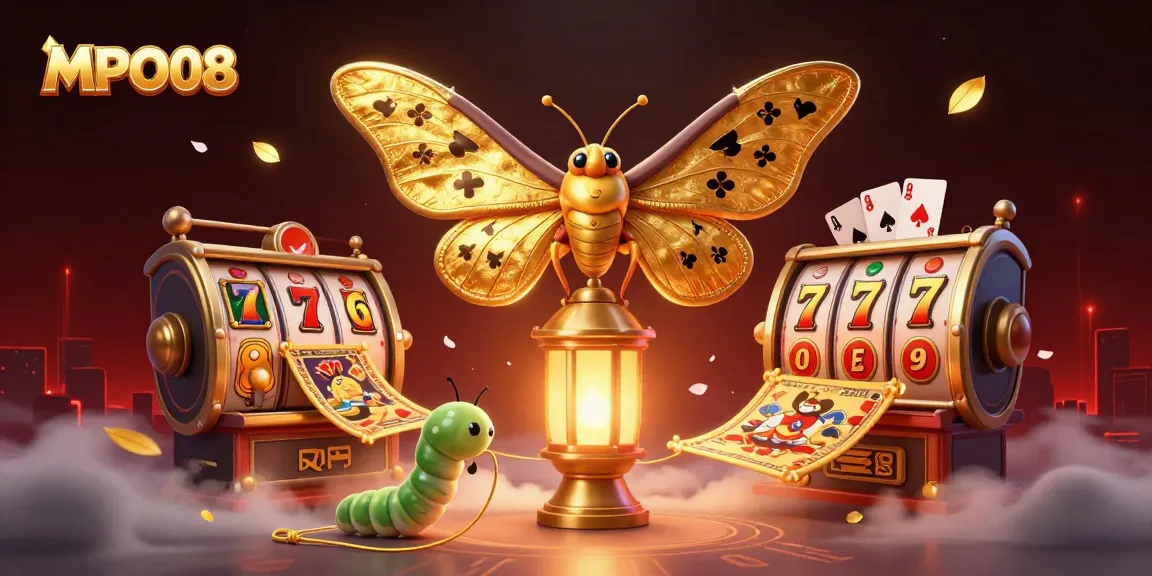 Experience the excitement of MPO08 with golden slot reels and vibrant casino elements.