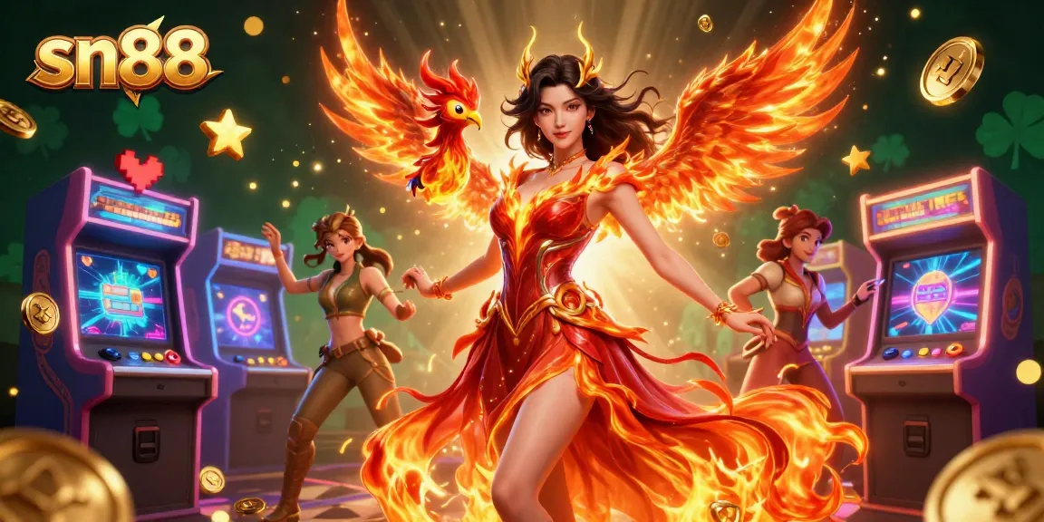 Engage with sn88's vibrant casino world featuring a fiery character and dynamic gaming elements.