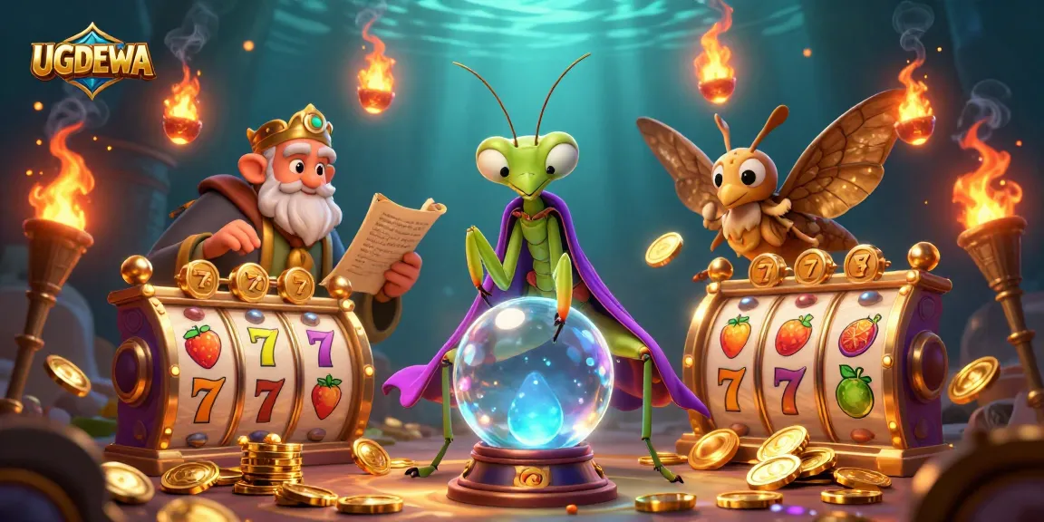 Play exciting slot games with UGDEWA's vibrant casino illustration, featuring spinning reels and gold coins.
