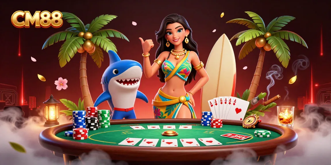 Engage with CM88's dynamic gambling scene featuring a glamorous beach goddess and a cartoon shark at a vibrant poker table.