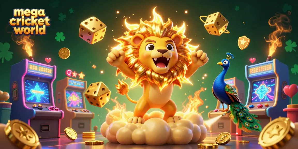 Engage with mega cricket world as a lion roars triumphantly amidst dynamic casino elements.