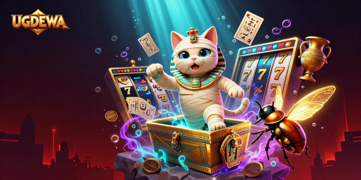 Spin to win with UGDEWA, featuring an Egyptian cat and vibrant casino elements in a thrilling scene.