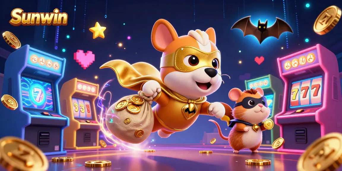 Experience the energetic casino adventure at Sunwin with a cartoon superhero dog and vibrant game elements.