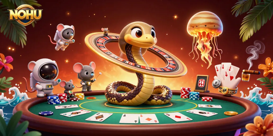 NOHU casino scene with astronauts betting on a roulette wheel, featuring vibrant gaming elements.