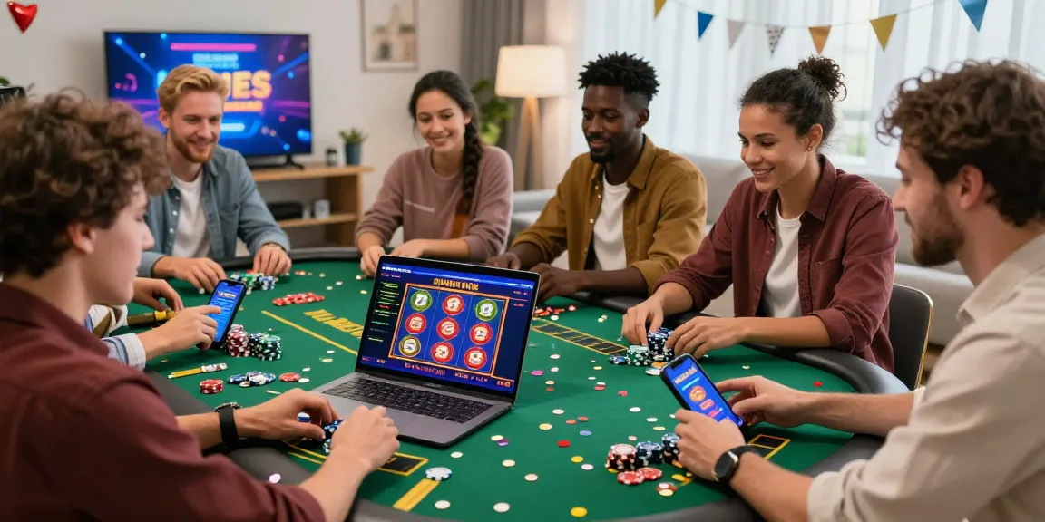 Excited players enjoying new UK casino sites with laptops and smartphones in a lively home setting.
