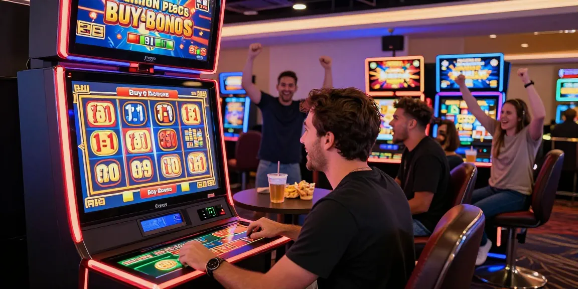 Group of friends celebrating while playing bonus buy slots in a lively casino, showcasing the excitement of instant wins.