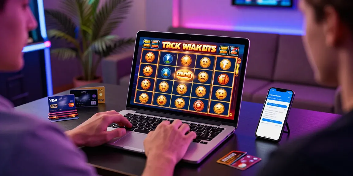Player enjoying credit card slots at online casino on laptop, colorful gaming setup.