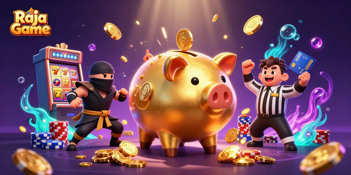 Engage with the dynamic Raja Game scene featuring golden piggy bank sumo wrestler and wallet ninja, showcasing thrilling gameplay.
