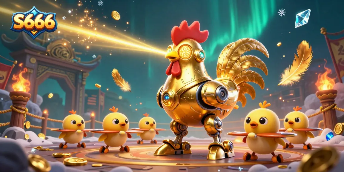 S666 brings excitement to gambling with a vibrant 3D scene of a golden rooster robot and chick drones.