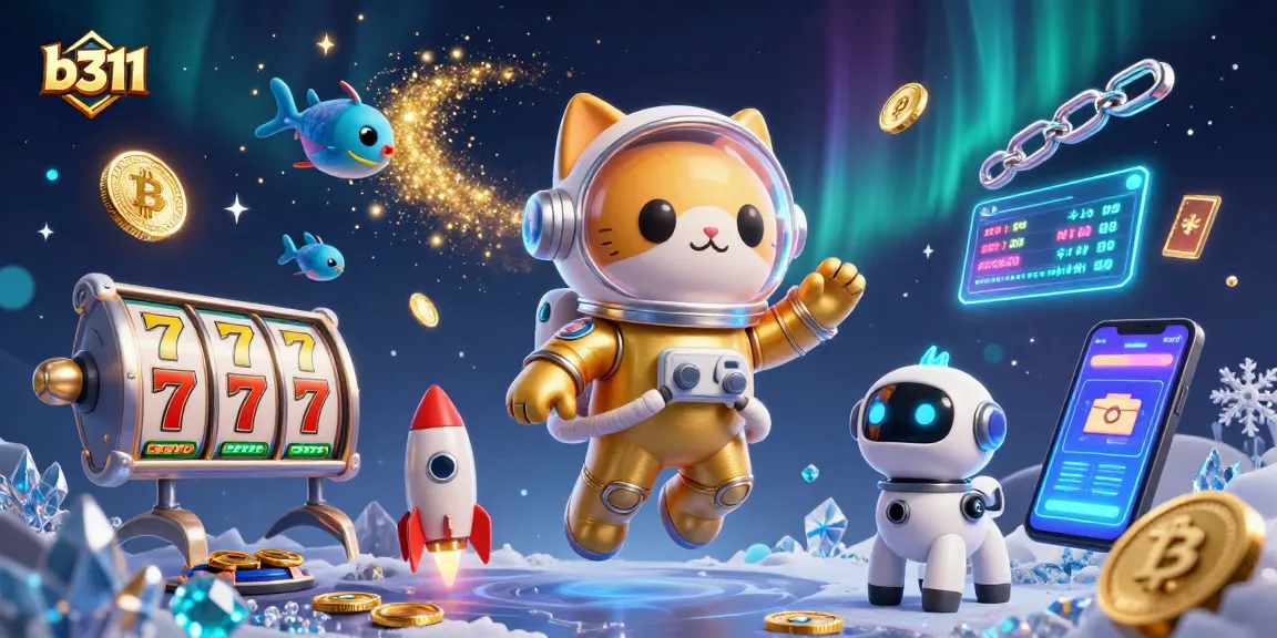 O b311 oferece jogos de cassino com um gato astronauta e um cão robô, cercados por moedas Bitcoin e Ethereum.