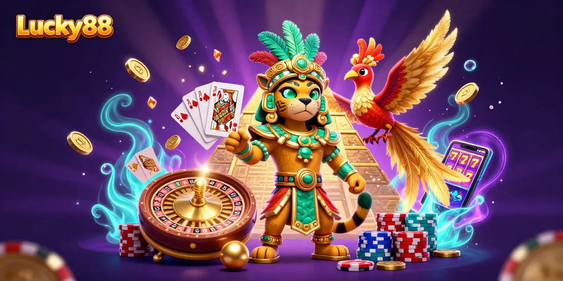 Experience the thrill of Lucky88 with Mayan-inspired casino action featuring coins and glowing elements.