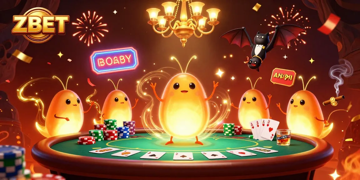 Experience the vibrant glow of ZBET's casino with animated glowworms and exciting poker action.