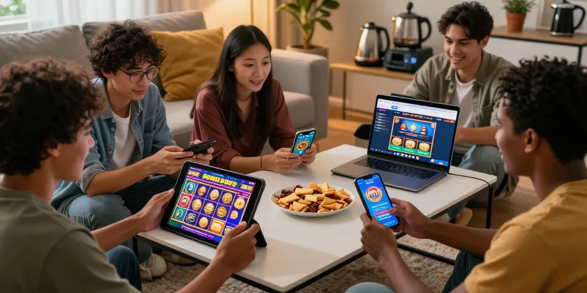 Friends enjoying exciting bonus buy slots on portable devices in a cozy home setting, showcasing the thrill of online gaming in 2026.