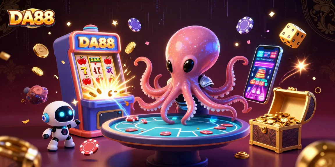 Engage with DA88's thrilling casino experience featuring a cartoon octopus and poker table in a vibrant scene.