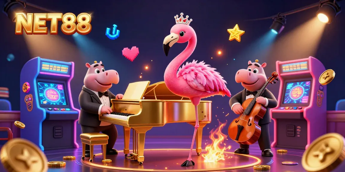 Engage in the vibrant NET88 casino scene featuring lively characters and gaming elements.