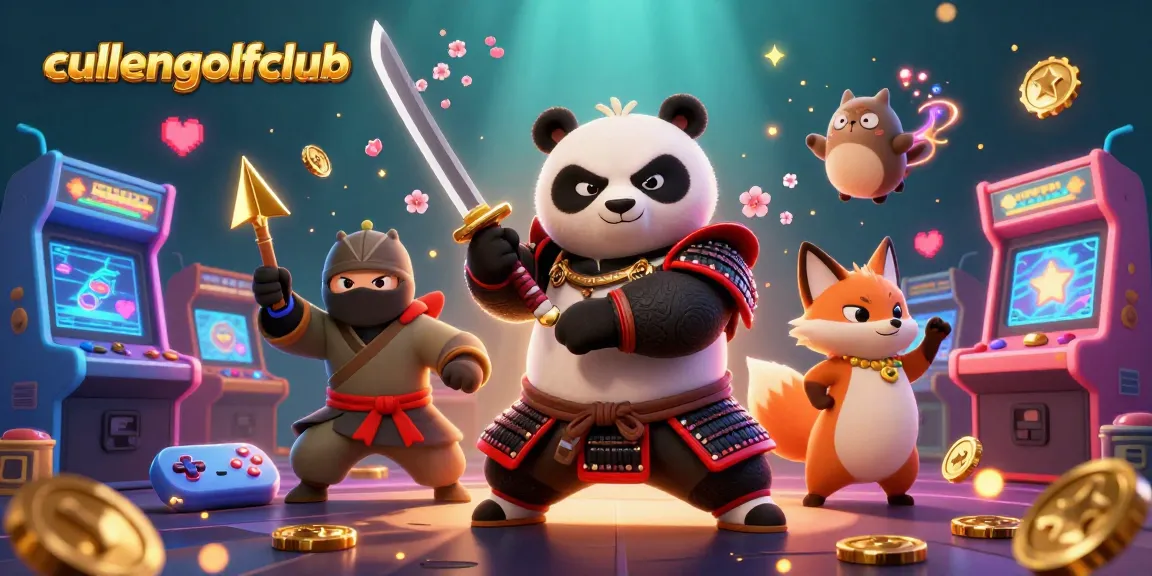 Cullengolfclub features a dynamic 3D illustration of a samurai panda and ninja fox engaging with colorful casino elements.