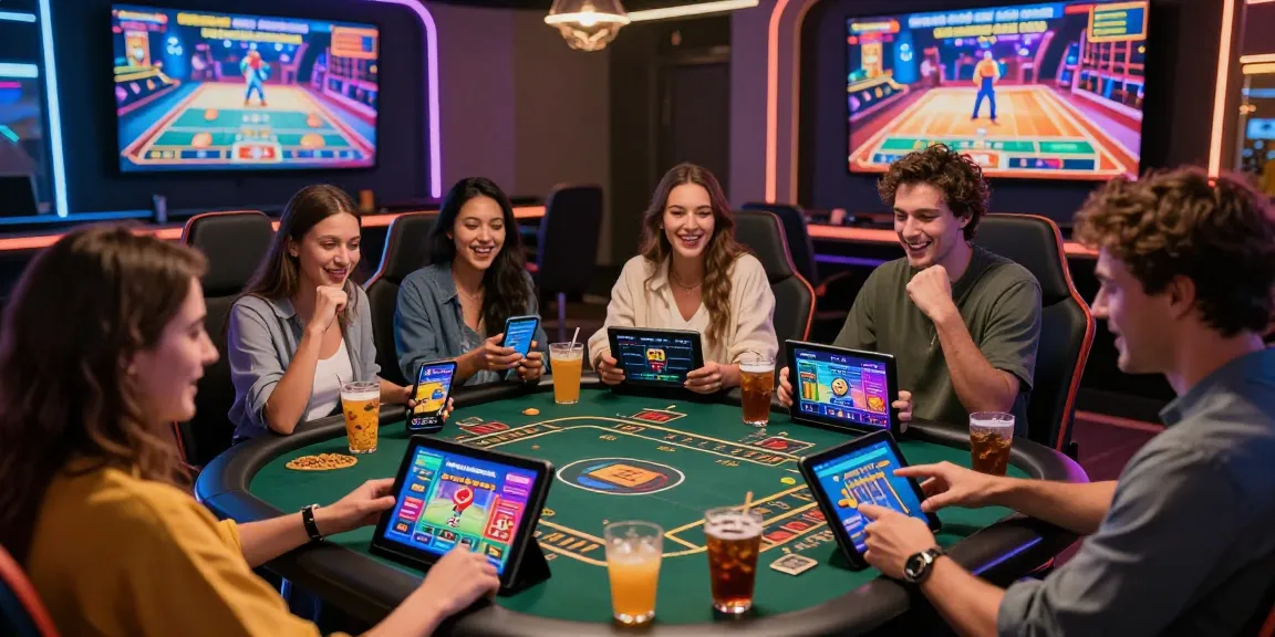 Friends enjoying casino games on devices from https://apkbetgames.com.pk/ in a vibrant online casino.