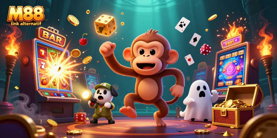 Engage with M88 link alternatif where a playful poltergeist monkey juggles casino treasures in a haunted scene.