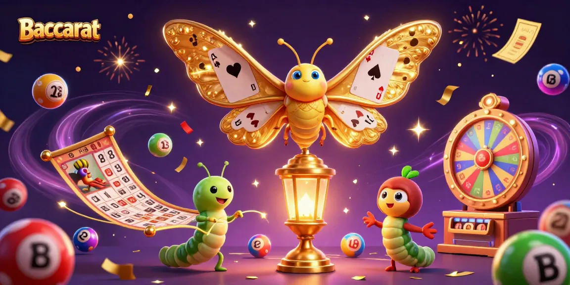 Baccarat game scene featuring a vibrant atlas moth and colorful casino elements like lottery balls and golden tickets