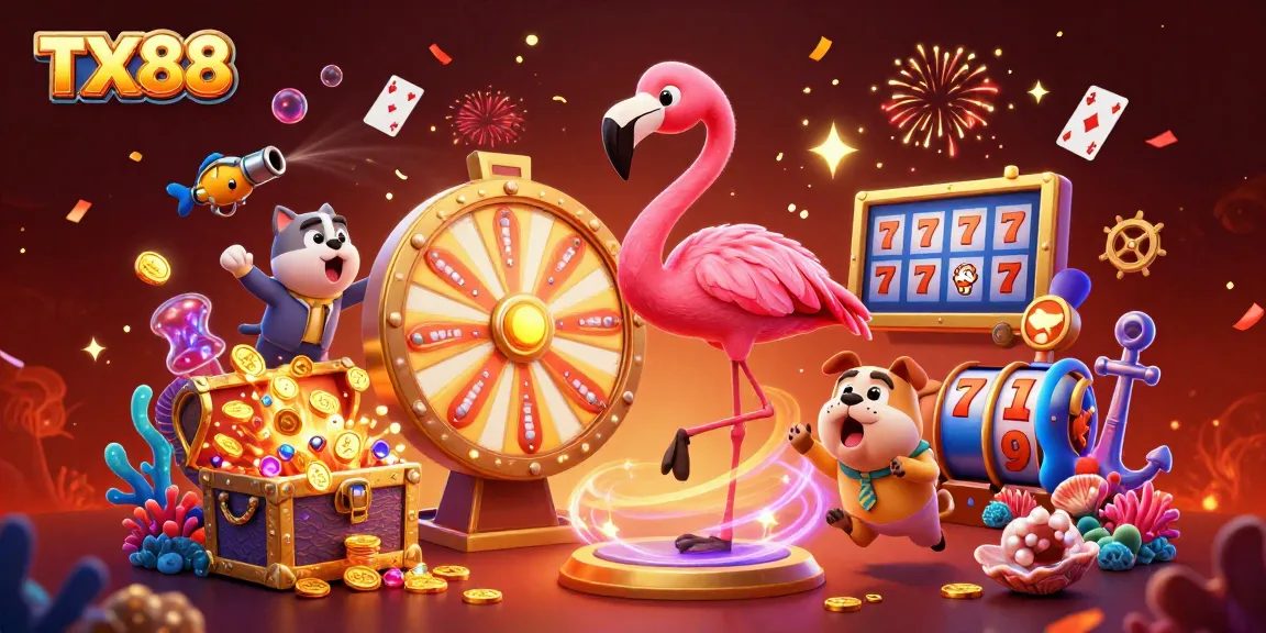 Engage with TX88's captivating slots jackpot scene featuring a game show host and vibrant prizes.