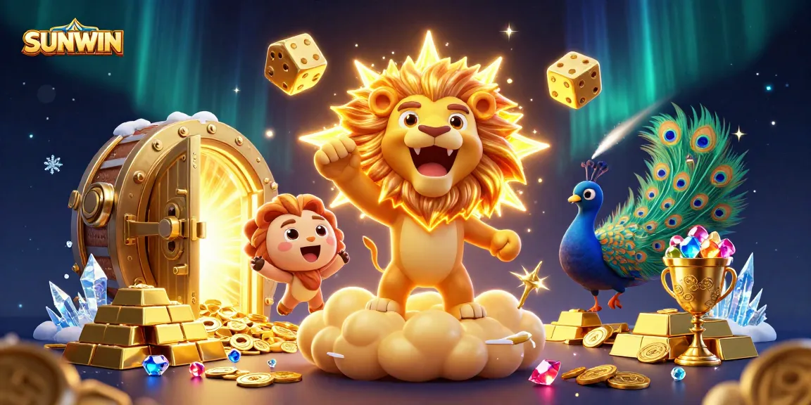 SUNWIN showcases a vibrant casino scene with a roaring lion, golden dice, and treasure elements.