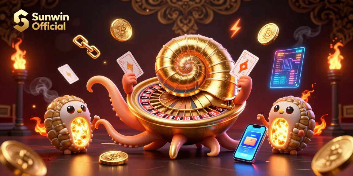 Engage with Sunwin Official's vibrant gaming experience featuring a dynamic 3D nautilus roulette wheel and crypto elements.