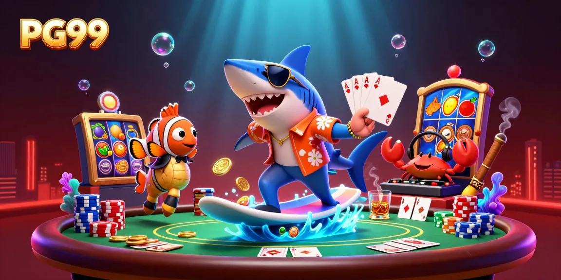 Engage in thrilling gameplay at PG99 with vibrant characters dancing around poker elements and gold coins.