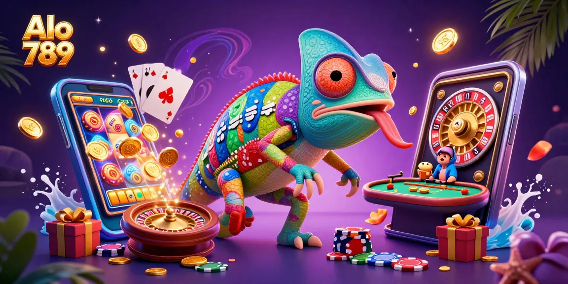 Experience thrilling gameplay at Alo 789 with a dynamic casino scene filled with vibrant characters and games.