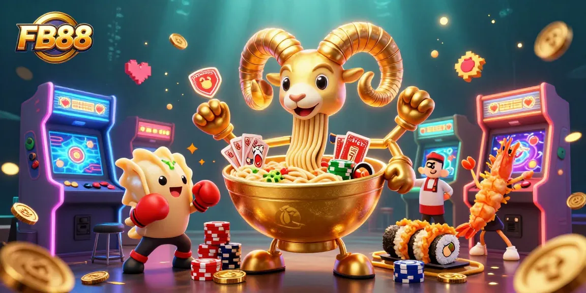 FB88 showcases a lively scene with a ramen bowl dealer, vibrant gaming elements, and dynamic casino atmosphere.