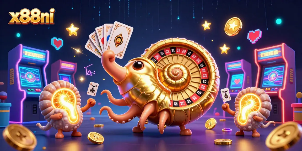 Engage with exciting games at x88ni featuring a vibrant 3D casino scene with a giant nautilus roulette wheel.