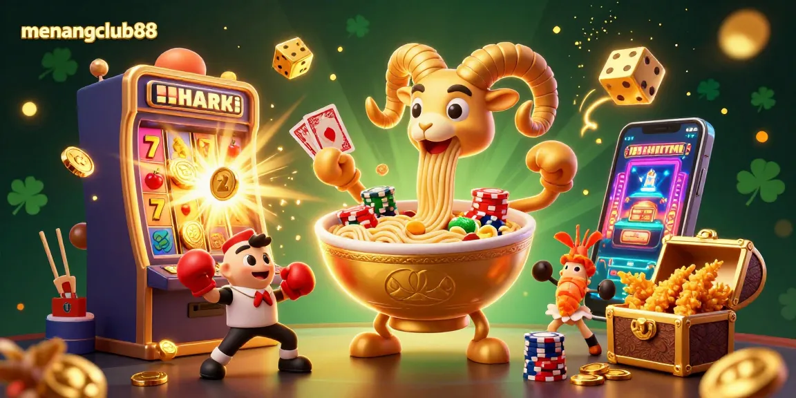 Engage with menangclub88's vibrant online casino adventure featuring a golden ramen bowl, games, and jackpots.