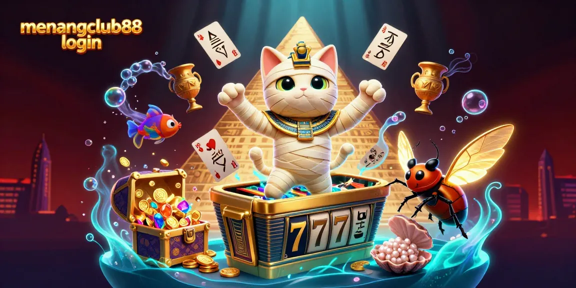 Experience winning thrills with Menangclub88 login, featuring a vibrant casino scene with Egyptian mummy cat and slots.