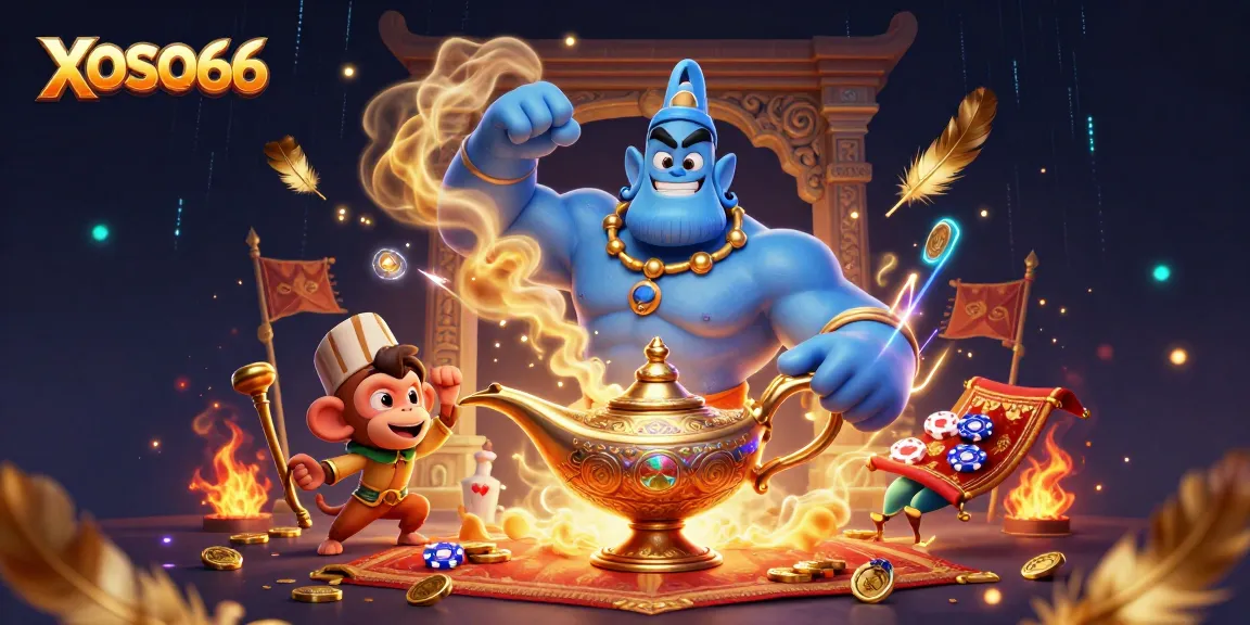 Engage with XOSO66's vibrant gaming universe featuring a blue genie and poker elements.